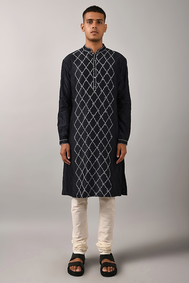 Navy Blue & Ivory Embroidered Kurta by Countrymade