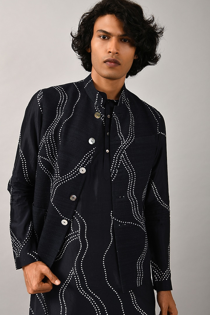 Midnight Blue Cotton Silk Printed Bundi Jacket by Countrymade at Pernia's Pop Up Shop