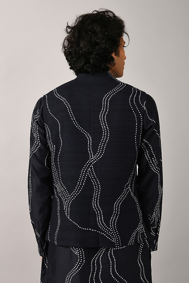 Midnight Blue Cotton Silk Printed Bundi Jacket by Countrymade at Pernia's Pop Up Shop