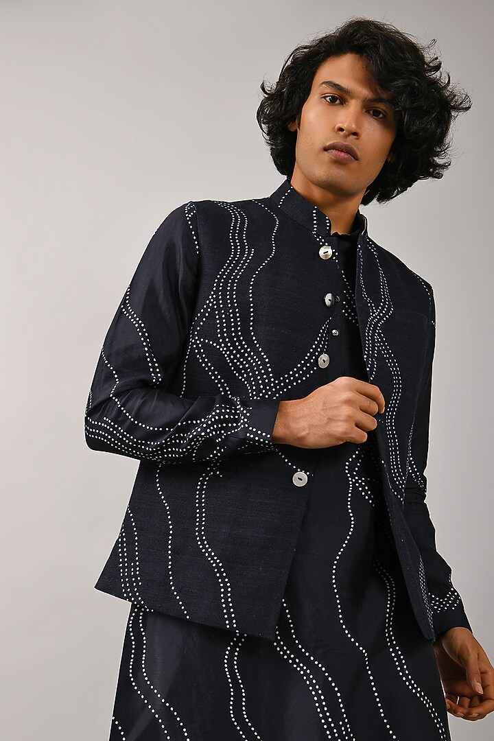 Midnight Blue Cotton Silk Printed Bundi Jacket by Countrymade at Pernia's Pop Up Shop