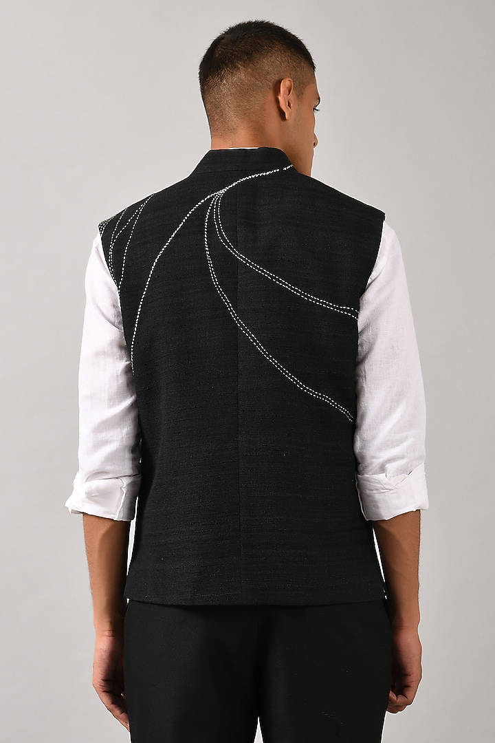 Black Cotton Silk Hand Embroidered Bundi Jacket by Countrymade at Pernia's Pop Up Shop