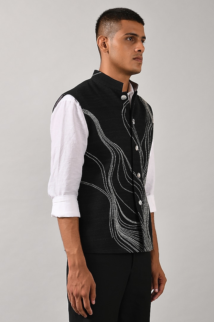 Black Cotton Silk Hand Embroidered Bundi Jacket by Countrymade at Pernia's Pop Up Shop