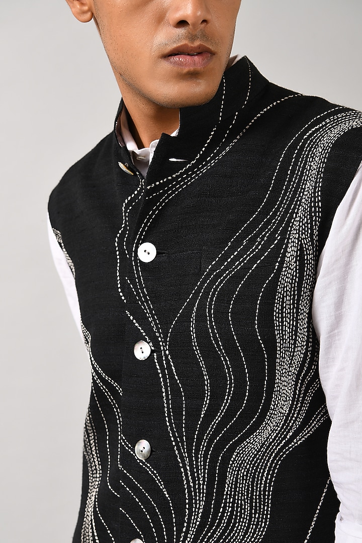 Black Cotton Silk Hand Embroidered Bundi Jacket by Countrymade at Pernia's Pop Up Shop