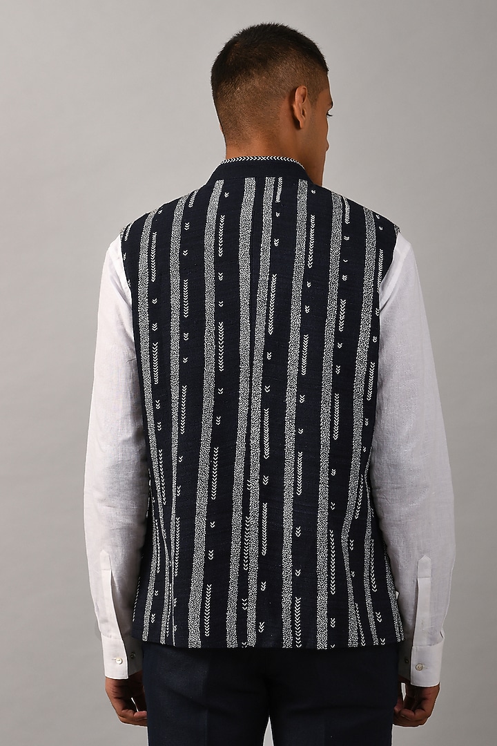 Black Linen & Cotton Silk Striped Embroidered Bundi Jacket by Countrymade at Pernia's Pop Up Shop