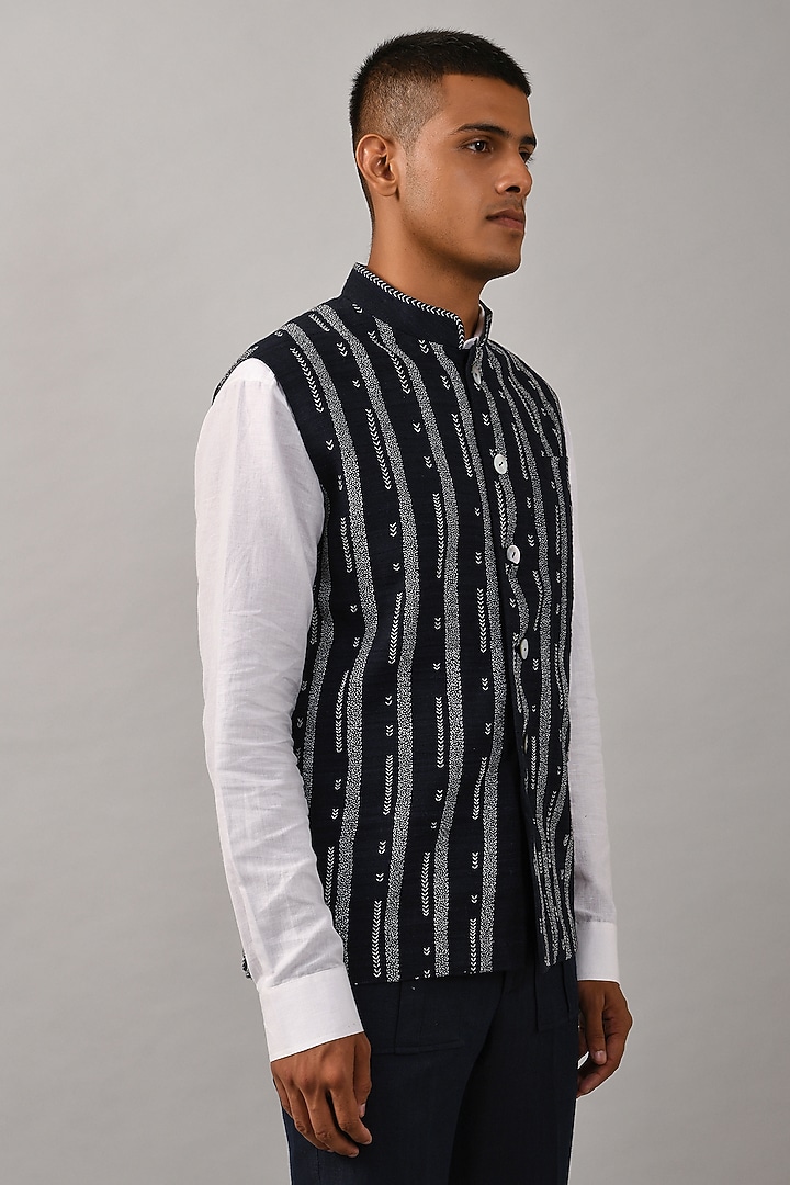Black Linen & Cotton Silk Striped Embroidered Bundi Jacket by Countrymade at Pernia's Pop Up Shop