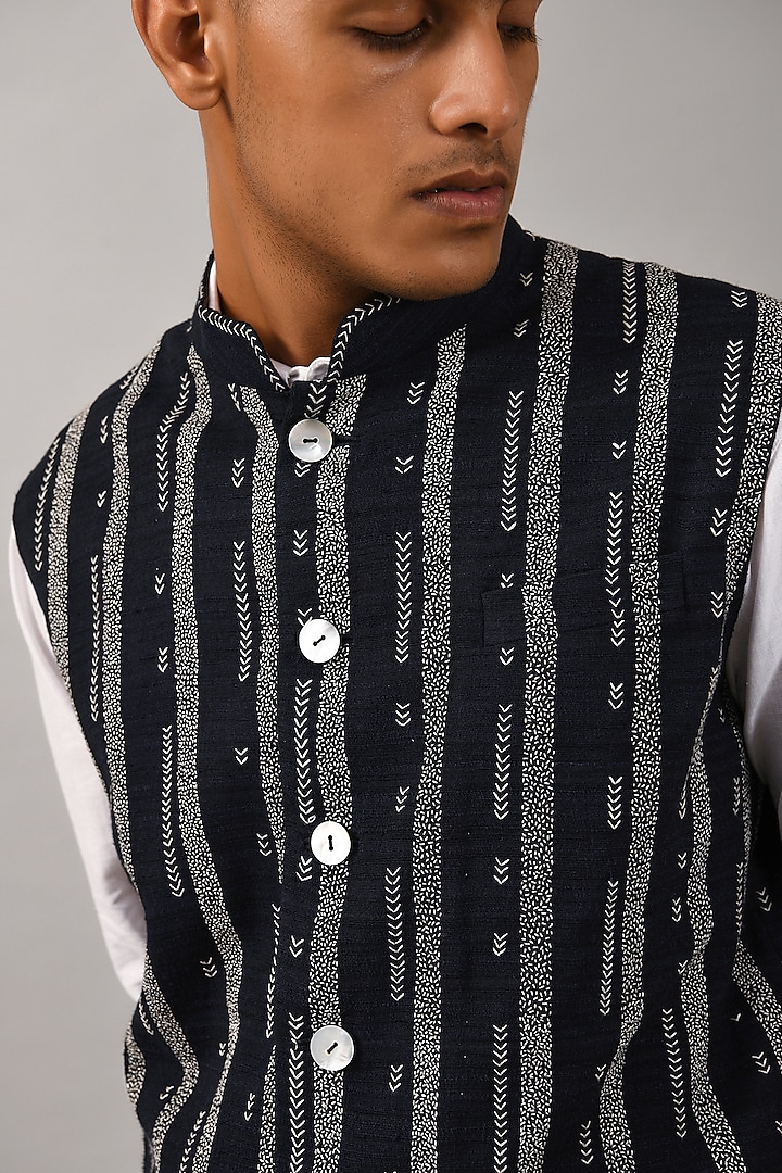 Black Linen & Cotton Silk Striped Embroidered Bundi Jacket by Countrymade at Pernia's Pop Up Shop