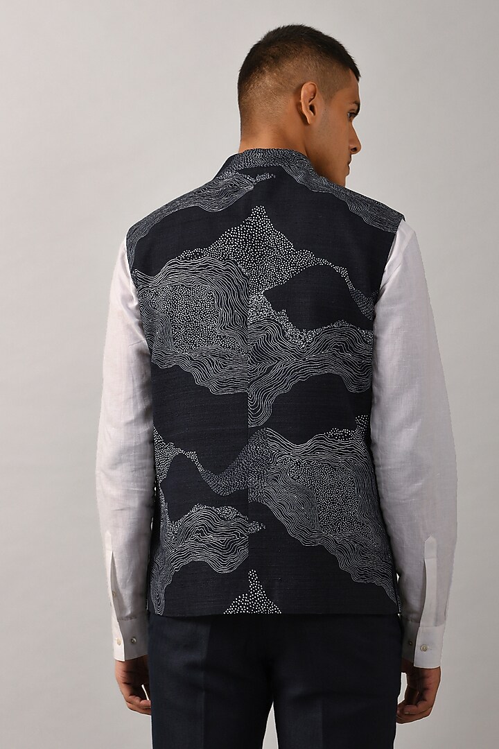 Navy Blue Cotton Silk Bundi Jacket by Countrymade at Pernia's Pop Up Shop