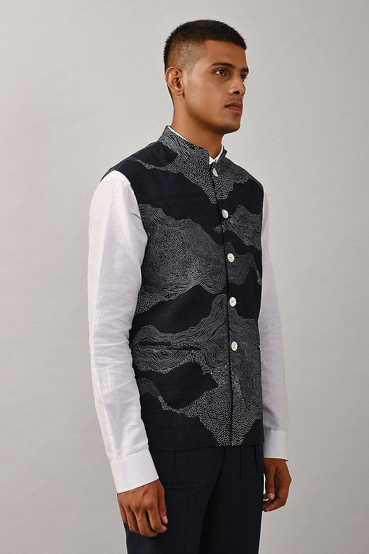 Navy Blue Cotton Silk Bundi Jacket by Countrymade at Pernia's Pop Up Shop