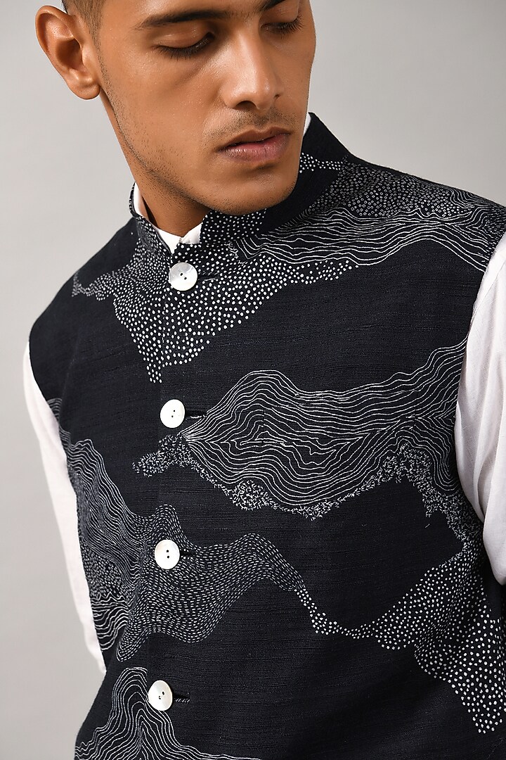 Navy Blue Cotton Silk Bundi Jacket by Countrymade at Pernia's Pop Up Shop