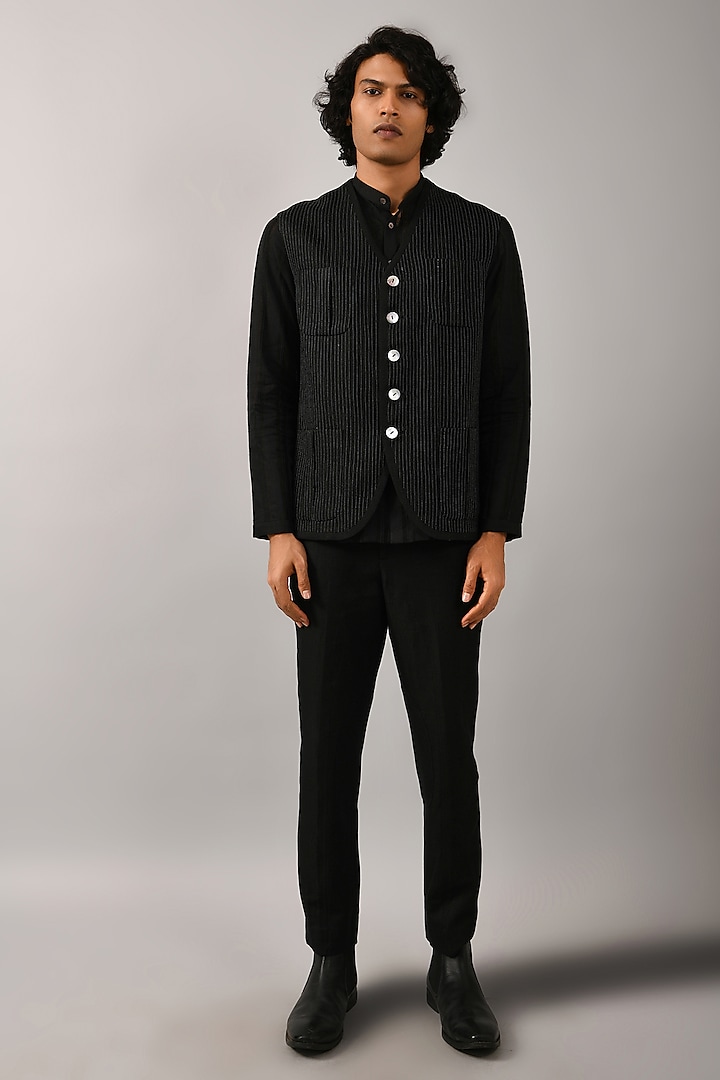 Black Linen Bundi Jacket by Countrymade