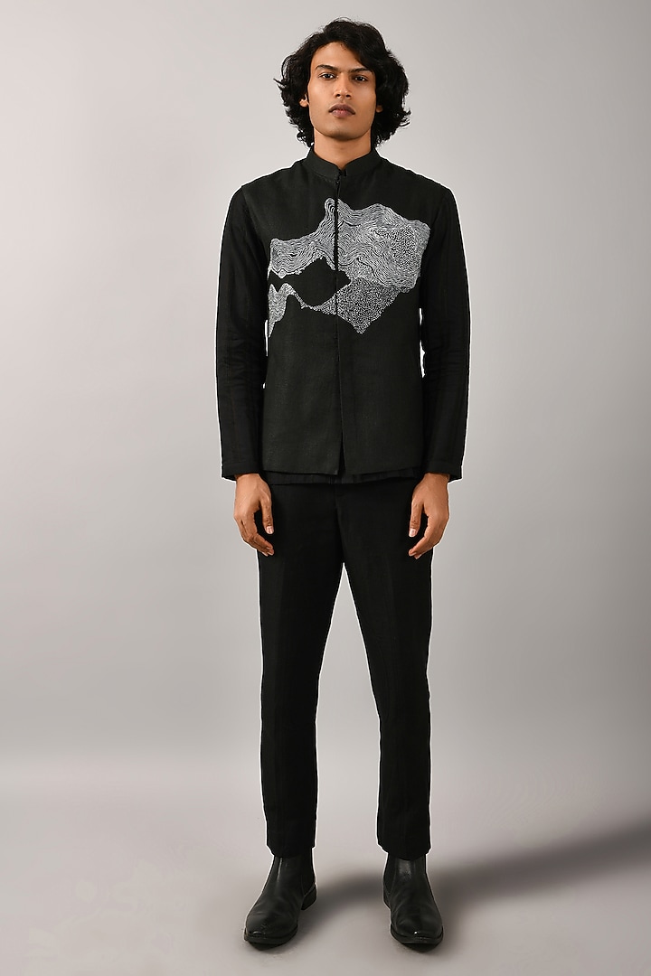 Black Linen Hand Embroidered Bundi Jacket by Countrymade at Pernia's Pop Up Shop