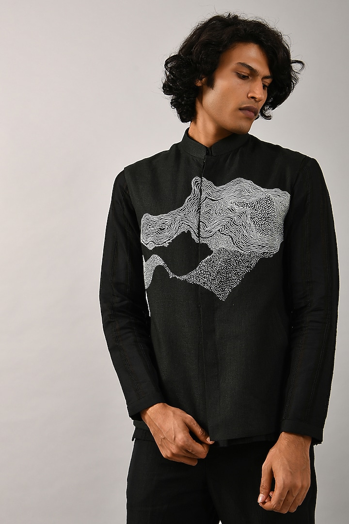 Black Linen Hand Embroidered Bundi Jacket by Countrymade at Pernia's Pop Up Shop