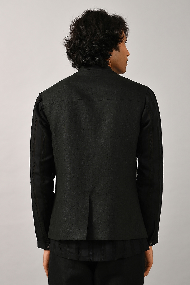 Black Linen Hand Embroidered Bundi Jacket by Countrymade at Pernia's Pop Up Shop