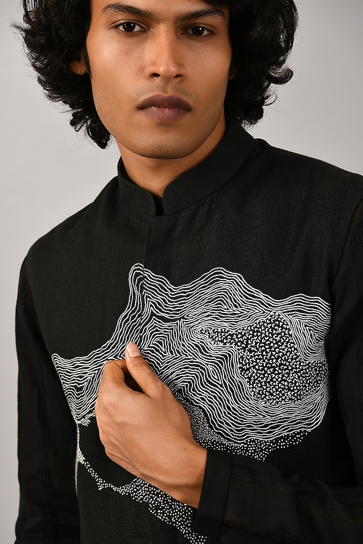 Black Linen Hand Embroidered Bundi Jacket by Countrymade at Pernia's Pop Up Shop
