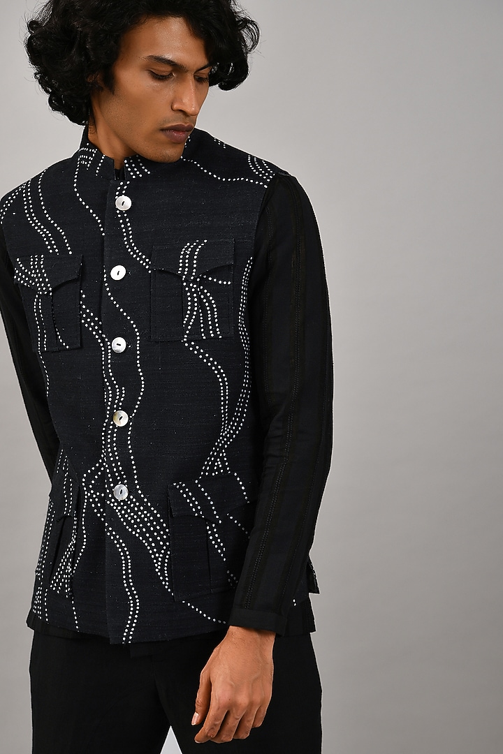 Navy Blue Cotton Silk Hand Embroidered Bundi Jacket by Countrymade at Pernia's Pop Up Shop