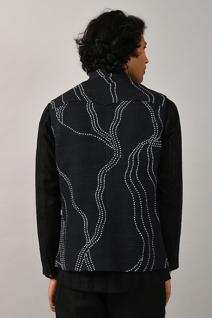 Navy Blue Cotton Silk Hand Embroidered Bundi Jacket by Countrymade at Pernia's Pop Up Shop