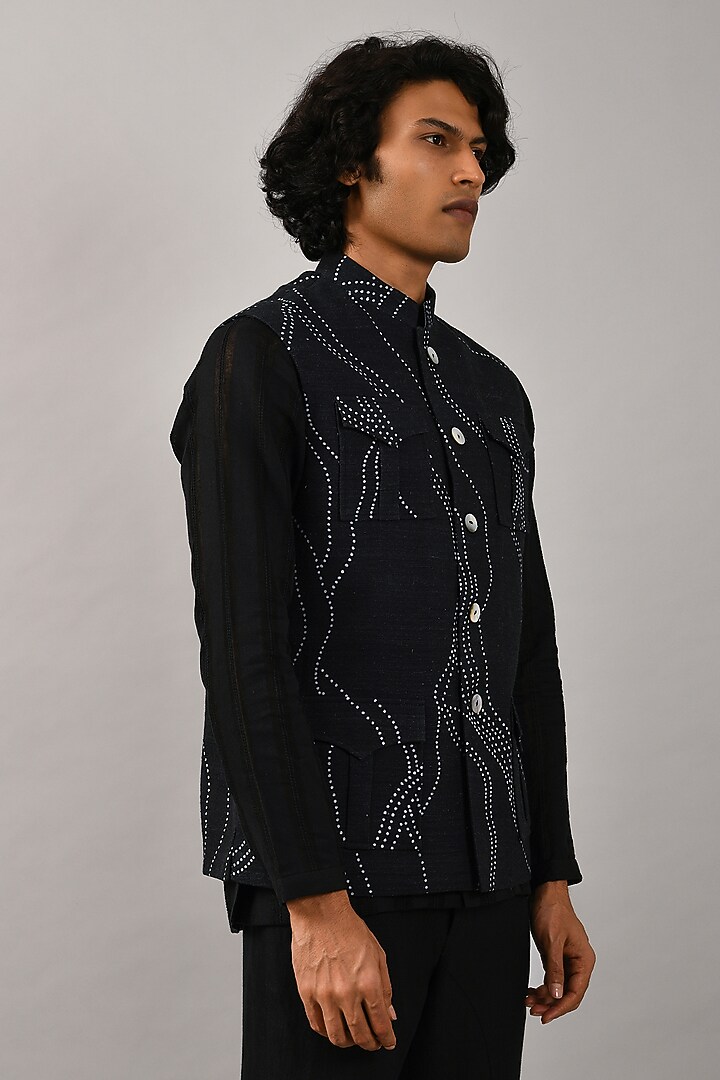 Navy Blue Cotton Silk Hand Embroidered Bundi Jacket by Countrymade at Pernia's Pop Up Shop