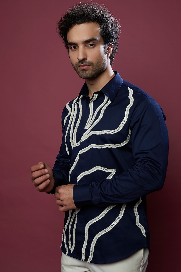 Blue Linen Embroidered Party Wear Shirt by Countrymade at Pernia's Pop Up Shop