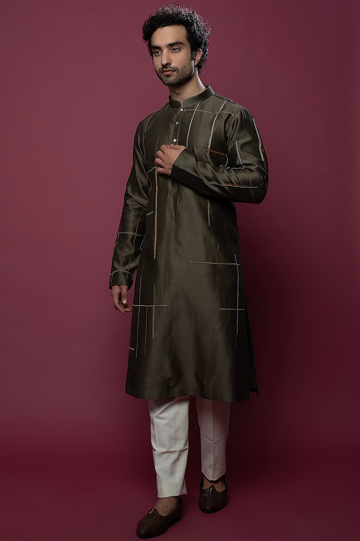 Deep Olive Embroidered Kurta Set by Countrymade