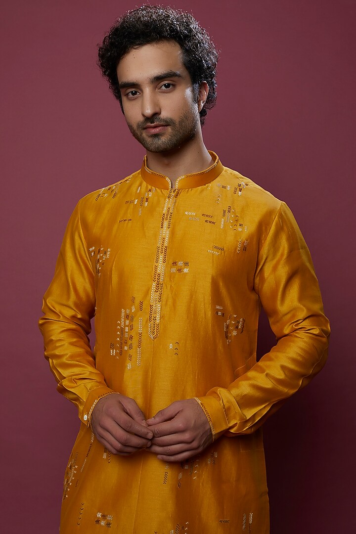 Mustard Chanderi Patch Work Kurta Set by Countrymade at Pernia's Pop Up Shop