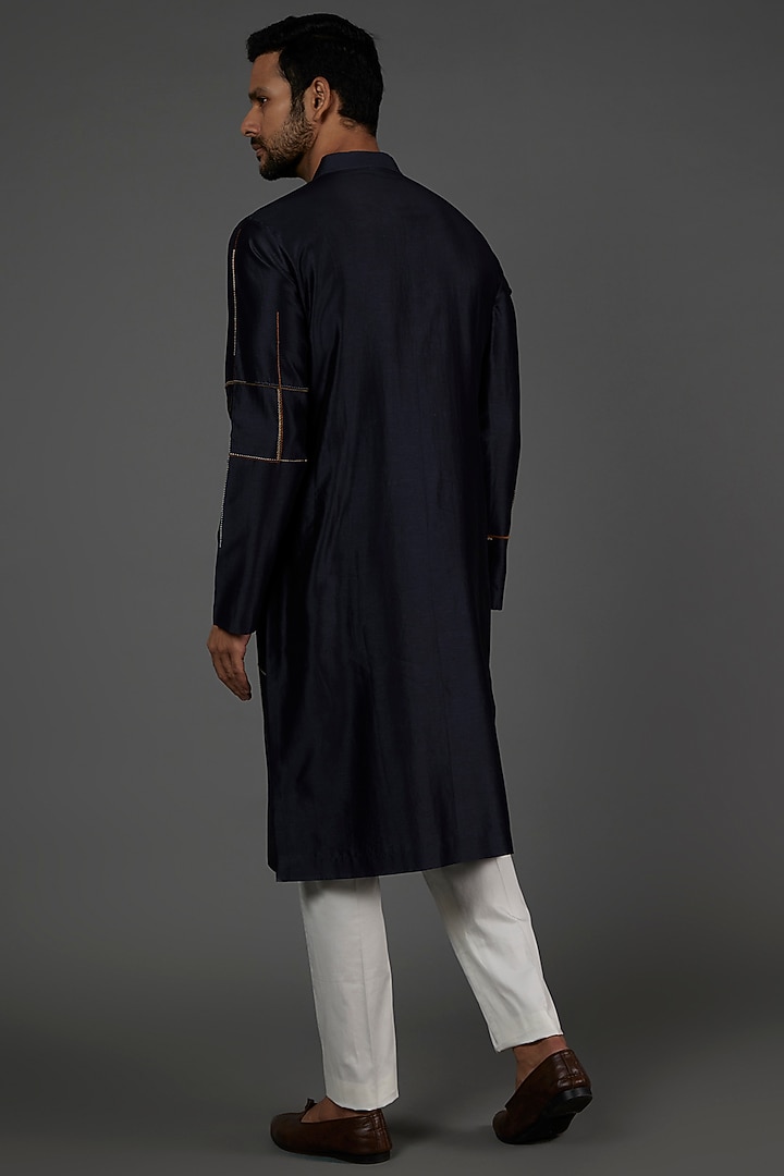 Midnight Blue Cotton Silk Embroidered Kurta Set by Countrymade at Pernia's Pop Up Shop