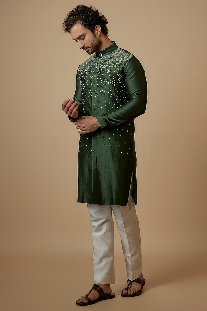Green Chanderi Silk Thread Embroidered Kurta by Countrymade
