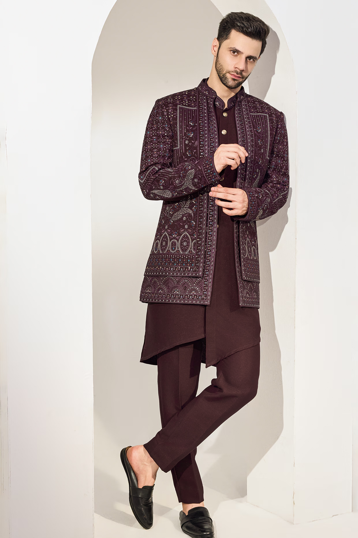 Maroon Silk Blend Embroidered Indowestern Set by Chatenya Mittal