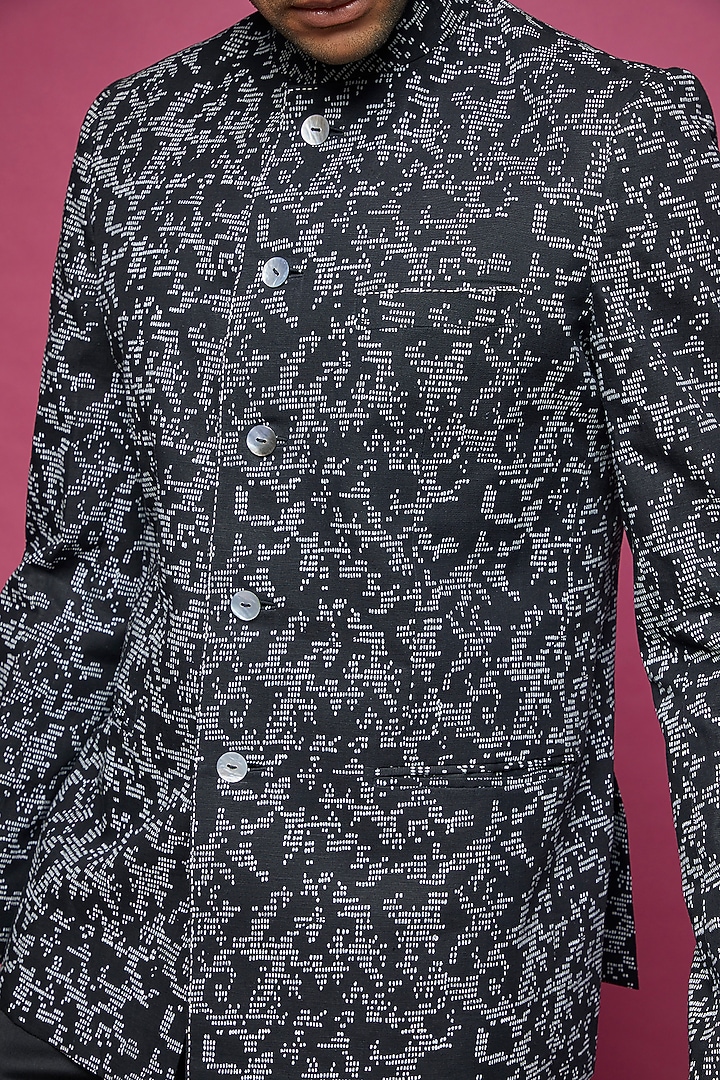 Black Linen Cotton Block Printed Wedding Bandhgala Set by Countrymade at Pernia's Pop Up Shop