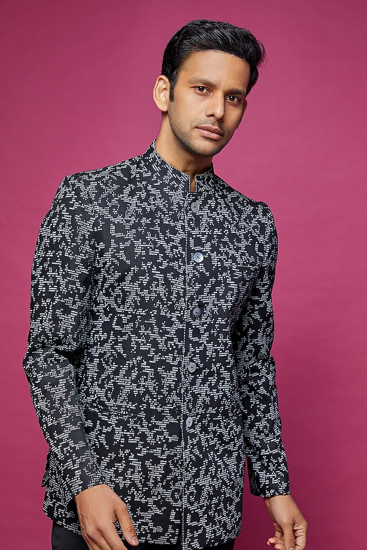 Black Linen Cotton Block Printed Wedding Bandhgala Set by Countrymade at Pernia's Pop Up Shop