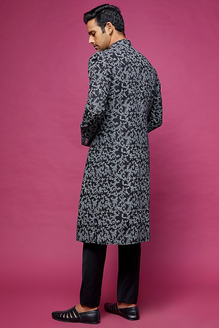 Black Cotton Silk Linen blend Printed Wedding Sherwani Set by Countrymade at Pernia's Pop Up Shop