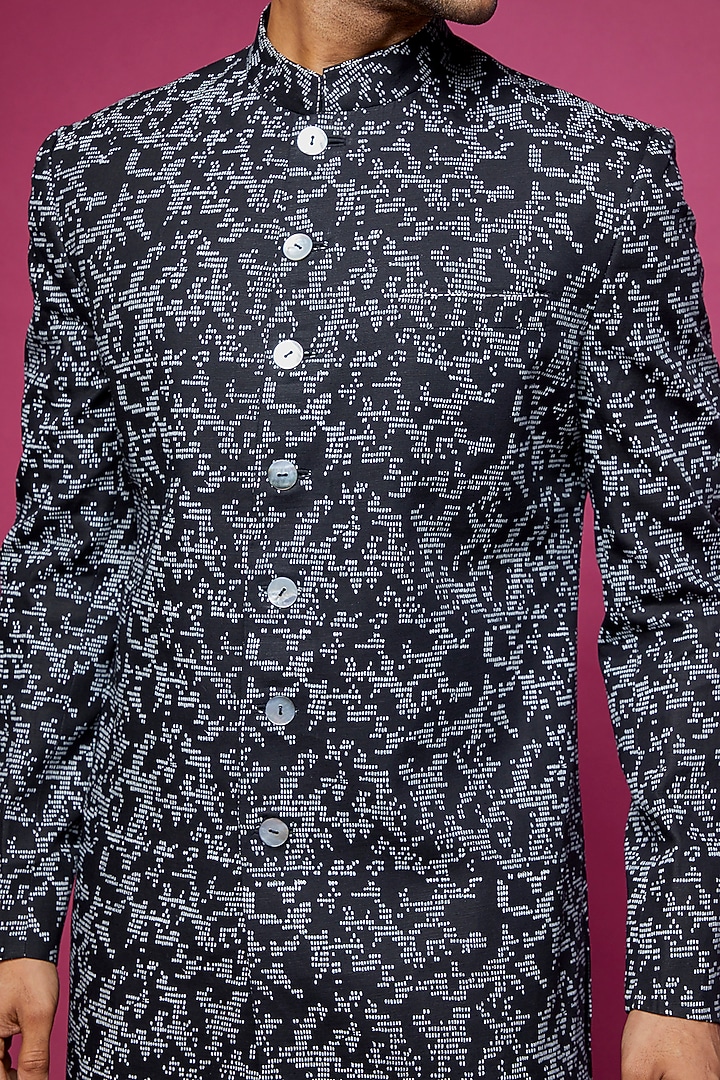 Black Cotton Silk Linen blend Printed Wedding Sherwani Set by Countrymade at Pernia's Pop Up Shop