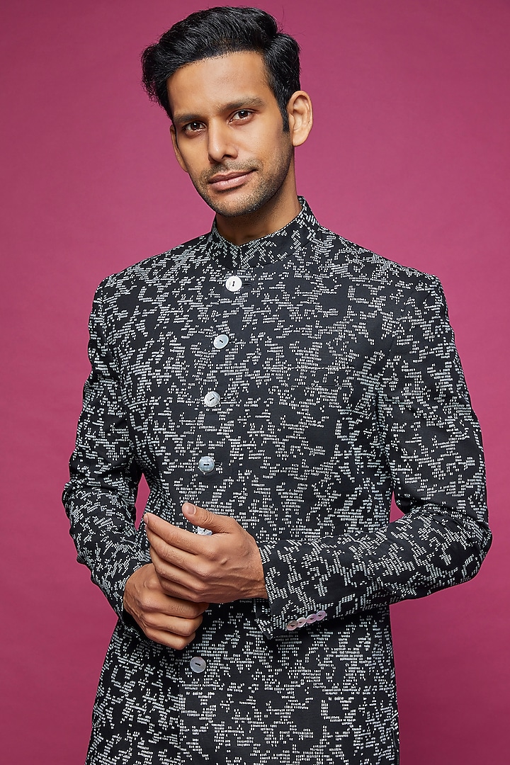 Black Cotton Silk Linen blend Printed Wedding Sherwani Set by Countrymade at Pernia's Pop Up Shop