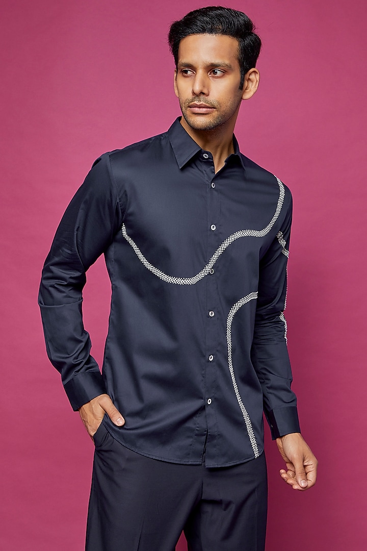 Navy Blue Cotton Satin Embroidered Shirt by Countrymade