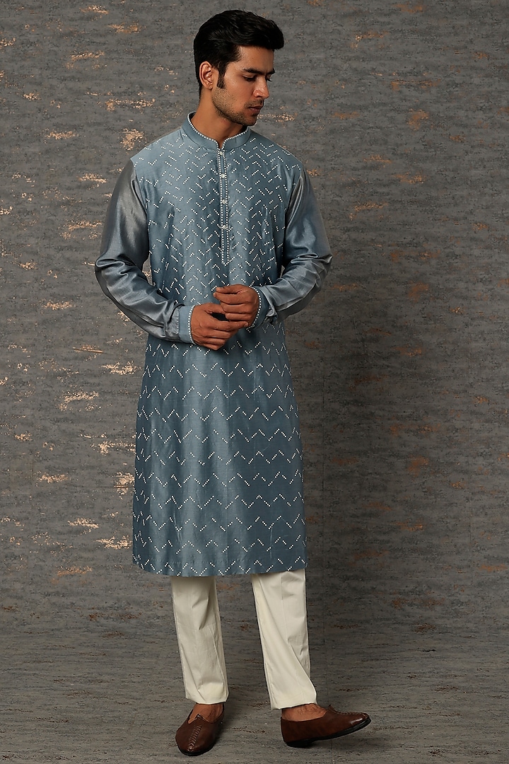 Blue Cotton Silk Kurta Set by Countrymade