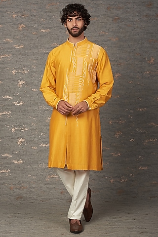 Mustard Cotton Silk Hand Embroidered Kurta Set by Countrymade