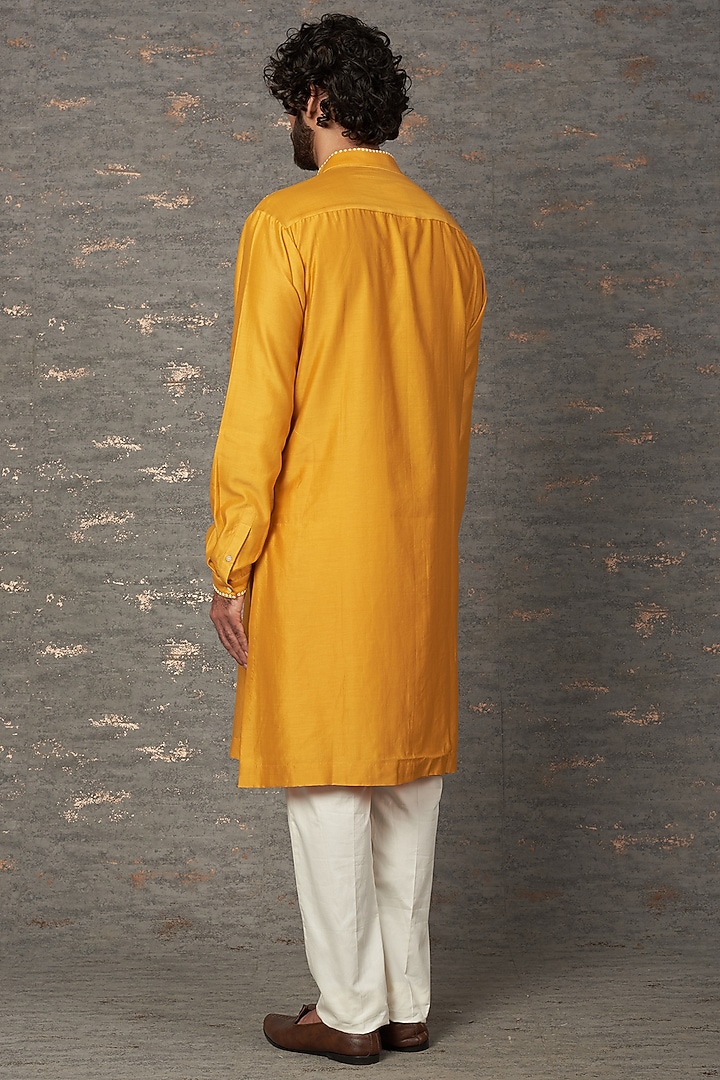 Mustard Cotton Silk Hand Embroidered Kurta Set by Countrymade at Pernia's Pop Up Shop