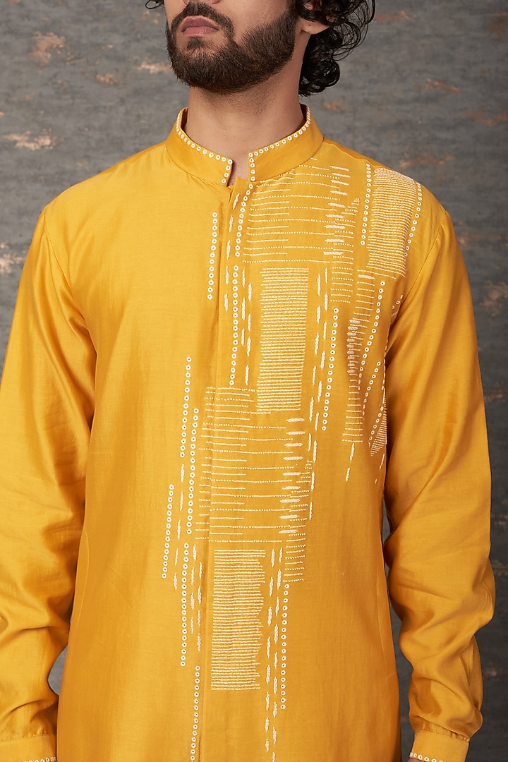 Mustard Cotton Silk Hand Embroidered Kurta Set by Countrymade at Pernia's Pop Up Shop
