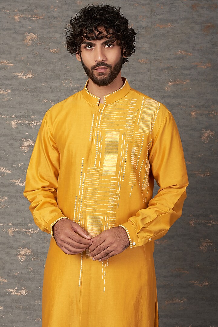 Mustard Cotton Silk Hand Embroidered Kurta Set by Countrymade at Pernia's Pop Up Shop