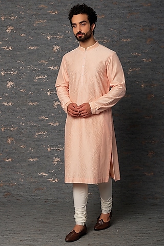 Blush Pink Cotton Silk Hand Embroidered Kurta Set by Countrymade