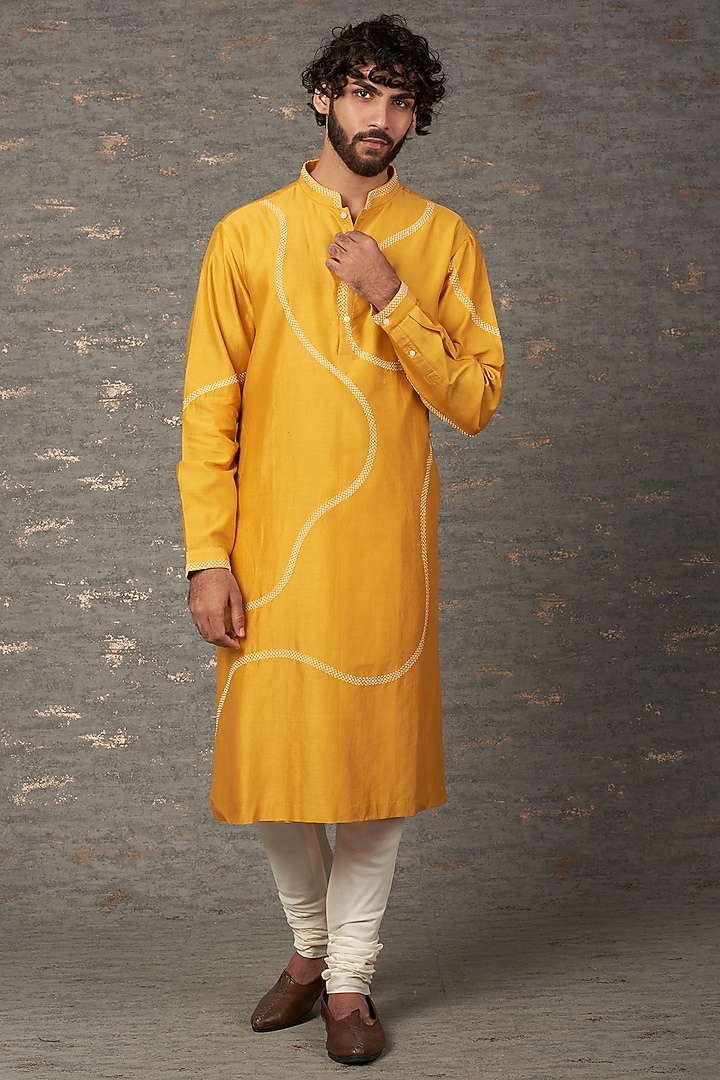 Mustard Cotton Silk Zardosi Hand Embroidered Kurta Set by Countrymade at Pernia's Pop Up Shop