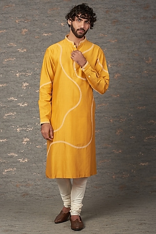 Mustard Cotton Silk Zardosi Hand Embroidered Kurta Set by Countrymade