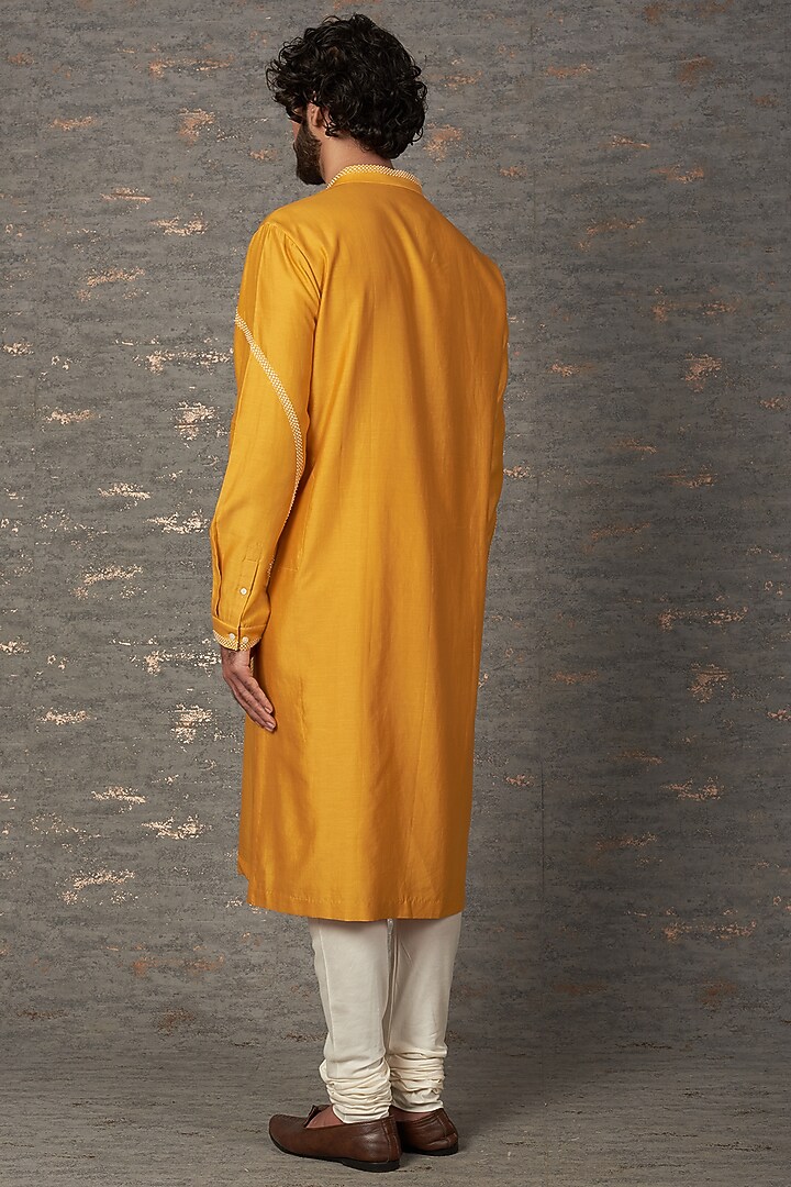 Mustard Cotton Silk Zardosi Hand Embroidered Kurta Set by Countrymade at Pernia's Pop Up Shop