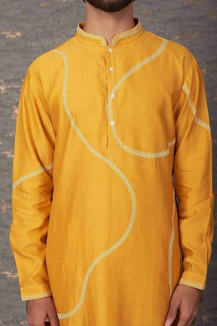 Mustard Cotton Silk Zardosi Hand Embroidered Kurta Set by Countrymade at Pernia's Pop Up Shop