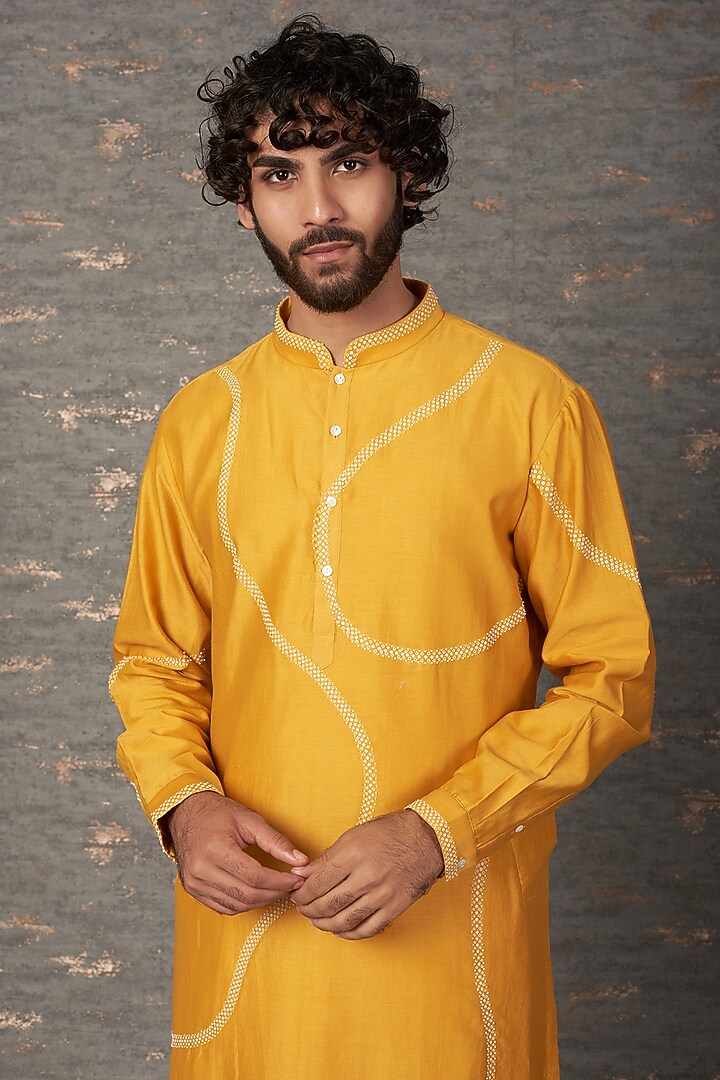 Mustard Cotton Silk Zardosi Hand Embroidered Kurta Set by Countrymade at Pernia's Pop Up Shop