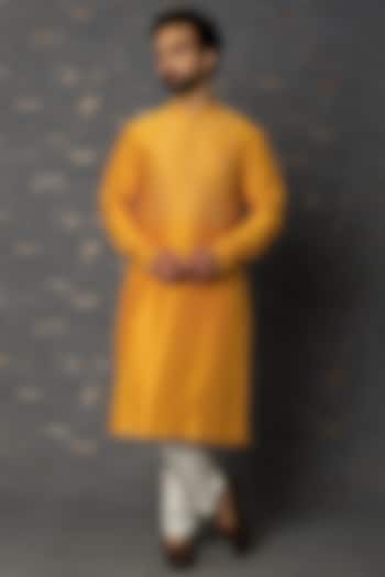 Mustard Cotton Silk Zardosi Embroidered Kurta Set by Countrymade