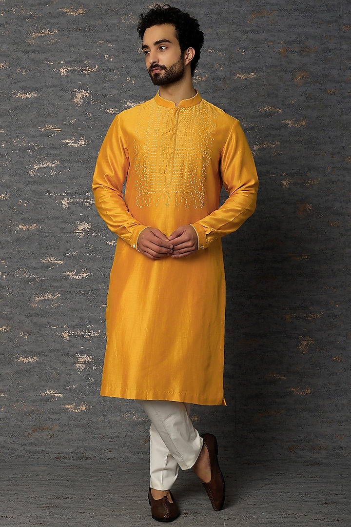 Mustard Cotton Silk Zardosi Embroidered Kurta Set by Countrymade