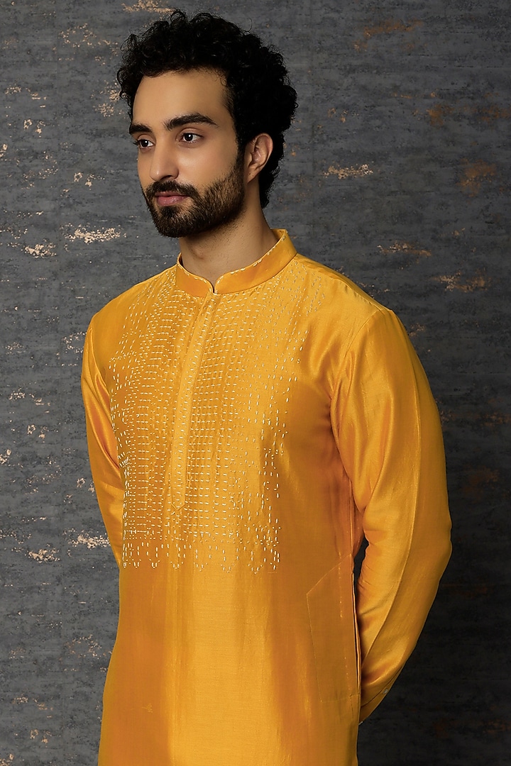 Mustard Cotton Silk Zardosi Embroidered Kurta Set by Countrymade at Pernia's Pop Up Shop