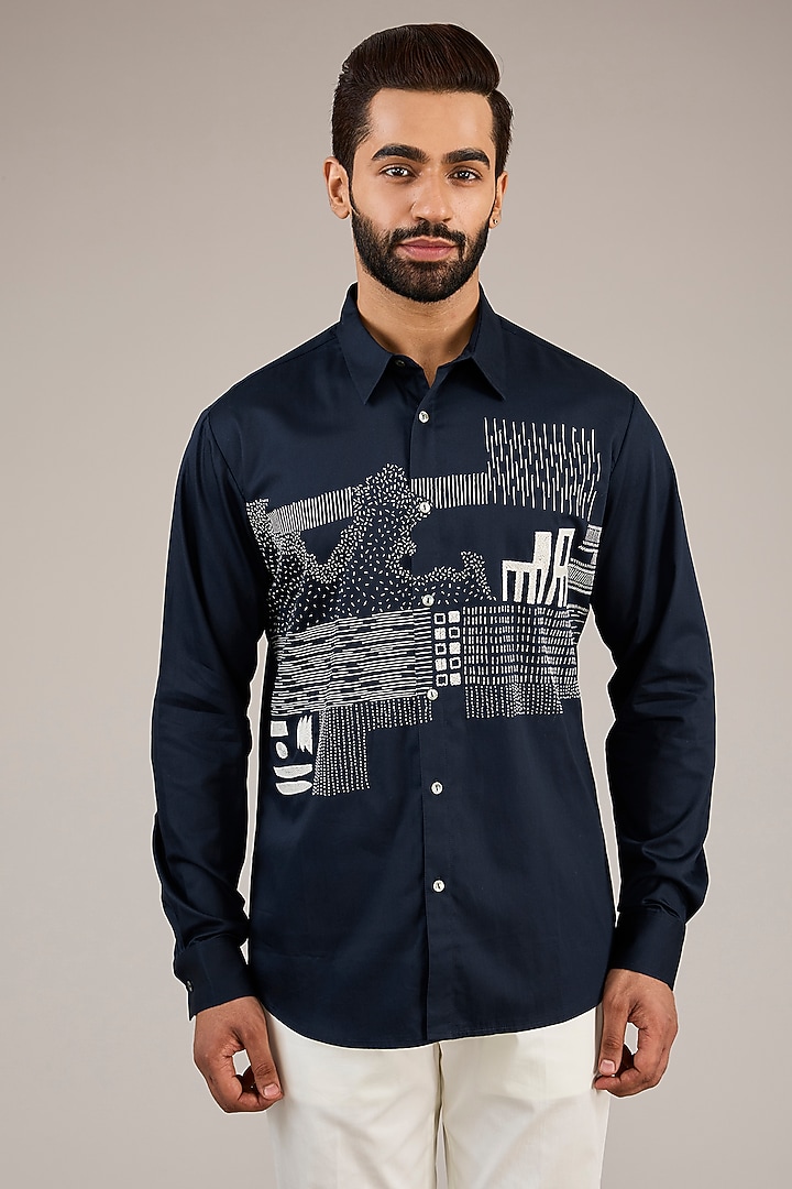 Navy Selvedge Denim Hand Embroidered Wedding Shirt by Countrymade at Pernia's Pop Up Shop