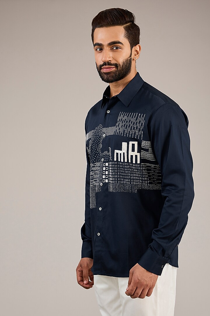 Navy Selvedge Denim Hand Embroidered Wedding Shirt by Countrymade at Pernia's Pop Up Shop