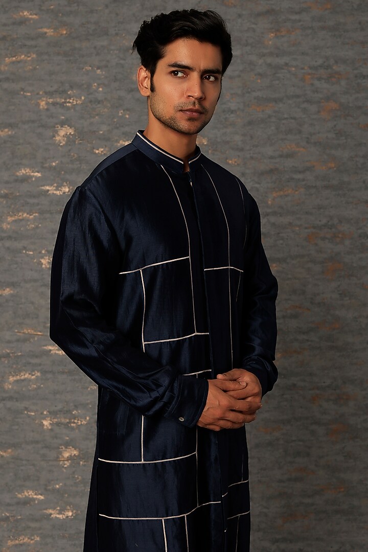 Midnight Blue Chanderi Patchwork Kurta Set by Countrymade at Pernia's Pop Up Shop